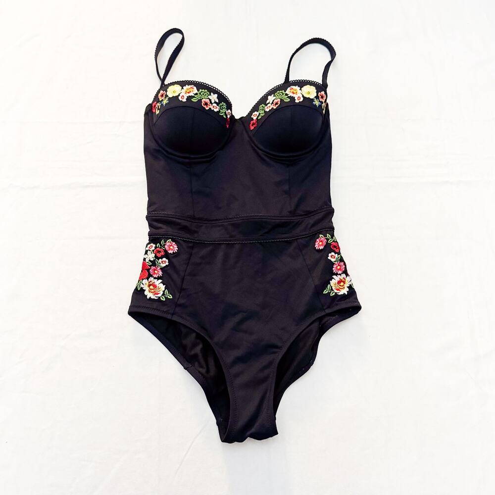 Johnny Was Black Embroidered Flower Patterned One Piece Bathing Suit Size XS